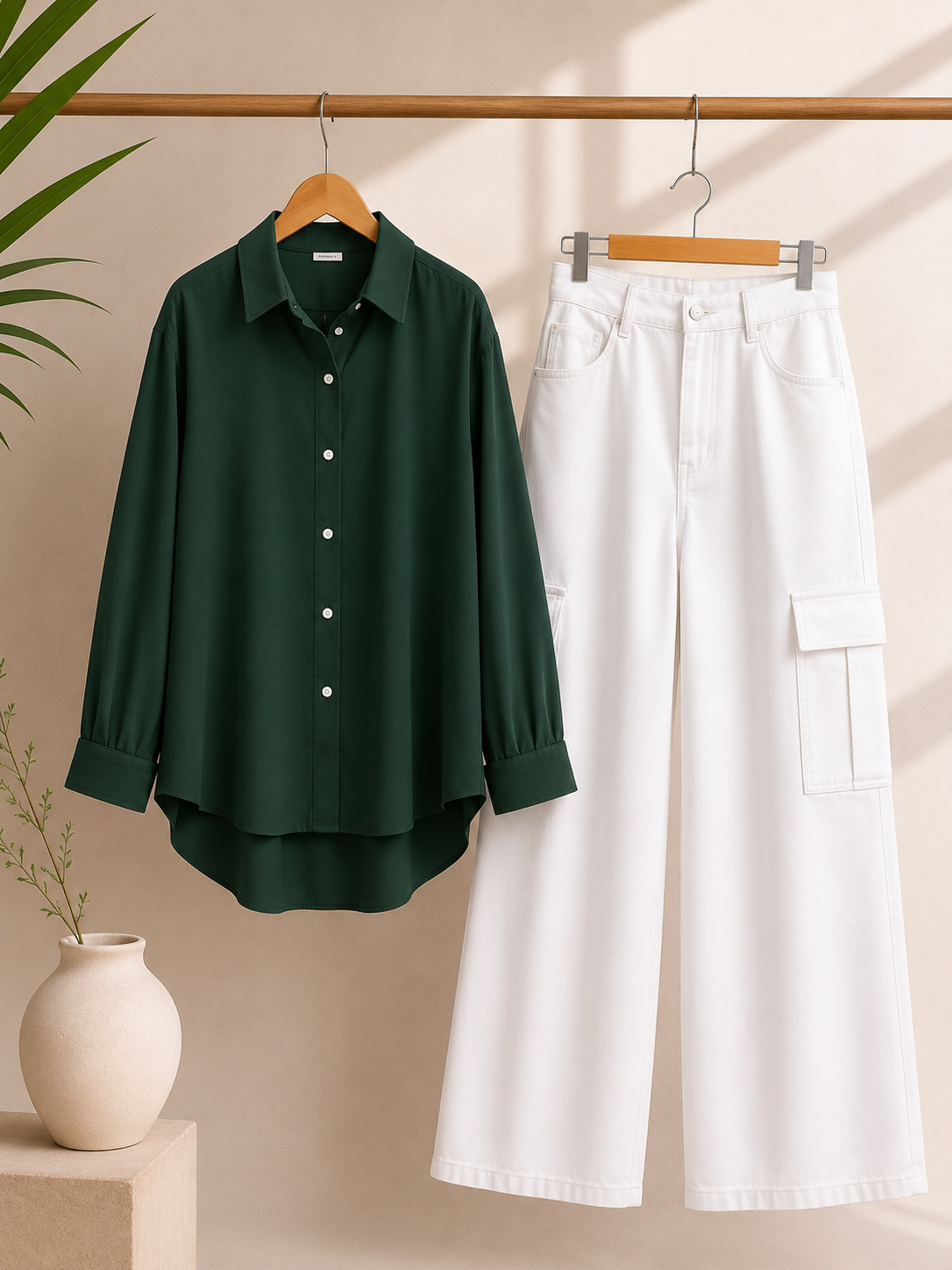 DUO PACK ( BOTTLE GREEN BUTTON DOWN SHIRT WITH WHITE WIDE LEG CARGO DENIM )