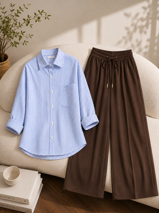 PACK OF 2   ( WHITE AND BLUE STRIPES BUTTON DOWN SHIRT WITH DARK BROWN FLAPPER TROUSER )