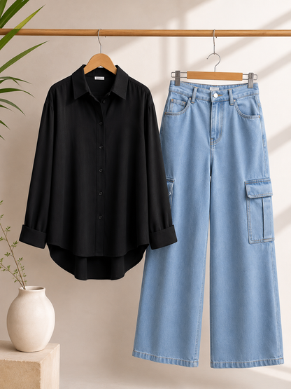 DUO PACK ( BLACK BUTTON DOWN SHIRT WITH ICE BLUE WIDE LEG CARGO DENIM )