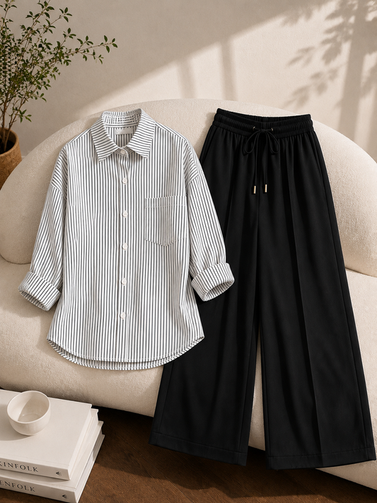 PACK OF 2  ( WHITE AND BLACK STRIPES BUTTON DOWN SHIRT WITH BLACK FLAPPER TROUSER )