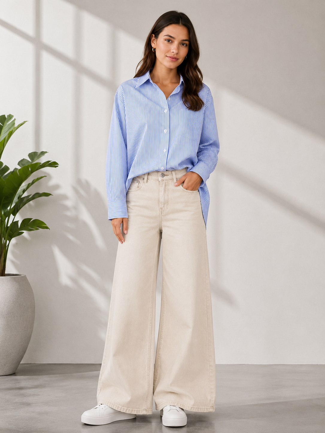 DUO PACK ( WHITE AND BLUE STRIPES BUTTON DOWN SHIRT WITH BEIGE WIDE LEG JEANS )