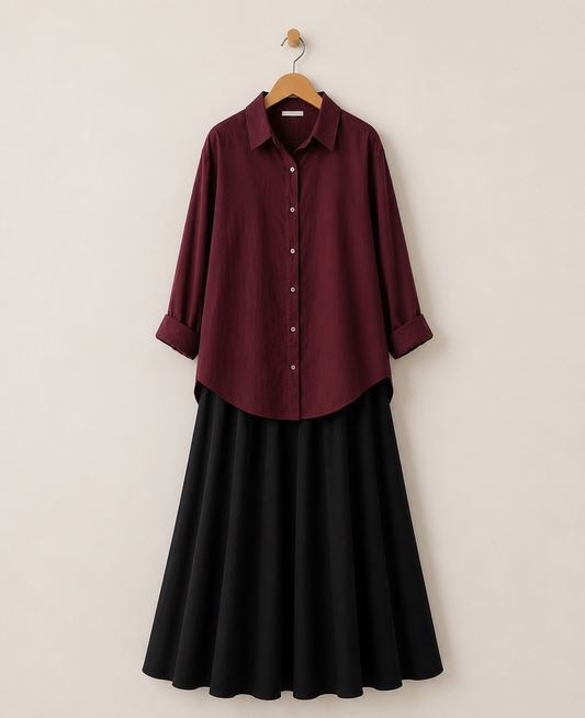 PACK OF 2 ( MAROON BUTTON DOWN SHIRT WITH BLACK MAXI SKIRT )