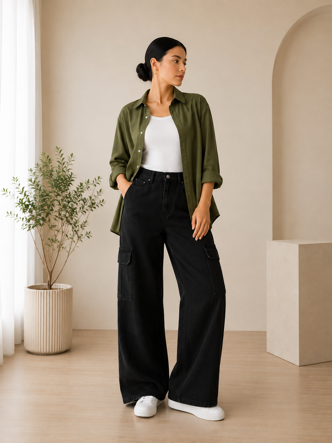 SUMMER TRIO PACK ( OLIVE GREEN BUTTON DOWN SHIRT WITH WHITE INNER AND JET BLACK CARGO DENIM)