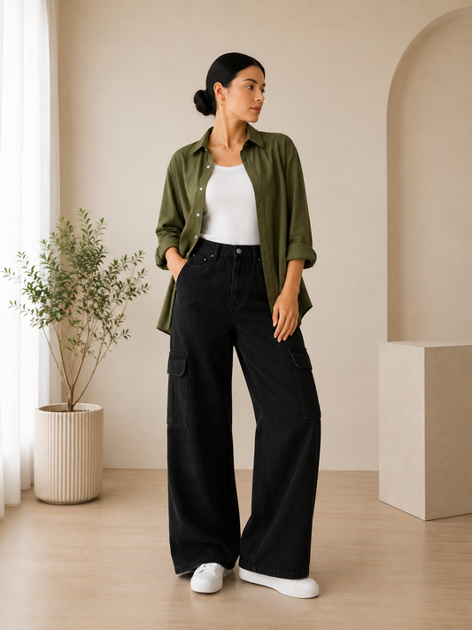 SUMMER TRIO PACK ( OLIVE GREEN BUTTON DOWN SHIRT WITH WHITE INNER AND JET BLACK CARGO DENIM)