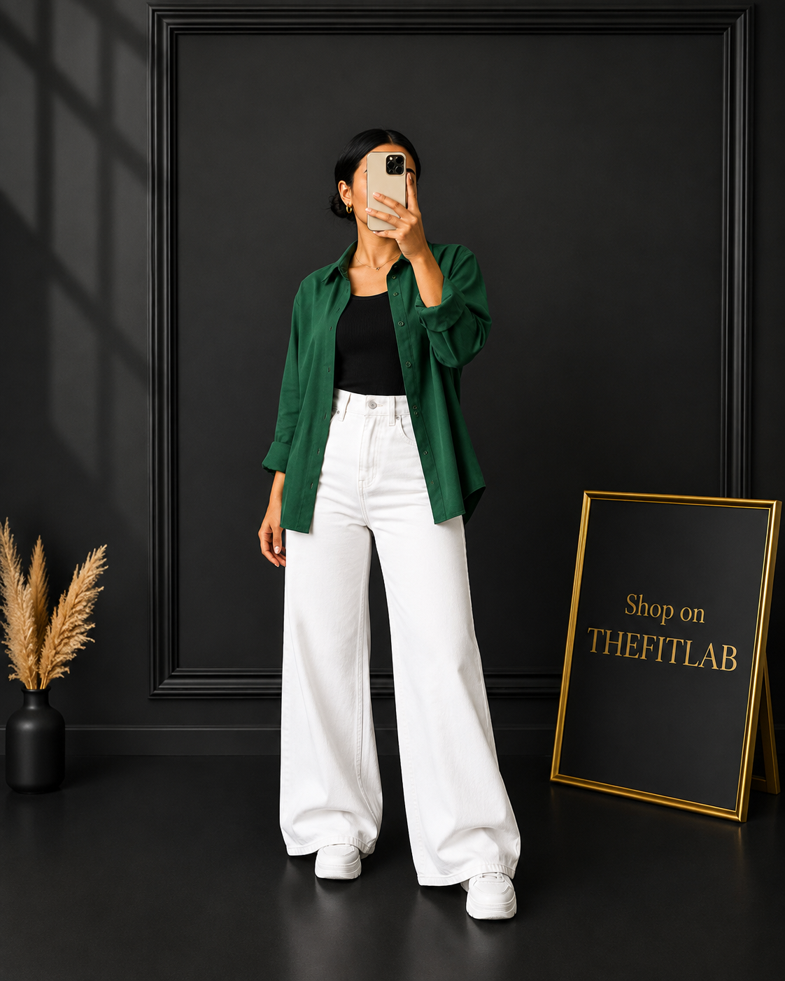 (TRIO PACK) BOTTLE GREEN BUTTON DOWN SHIRT WITH BLACK INNER AND WHITE WIDE LEG JEANS