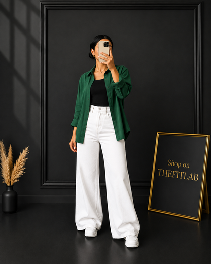 (TRIO PACK) BOTTLE GREEN BUTTON DOWN SHIRT WITH BLACK INNER AND WHITE WIDE LEG JEANS