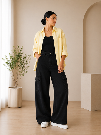 SUMMER TRIO PACK ( BUTTER YELLOW BUTTON DOWN SHIRT WITH BLACK INNER AND MALAYSIAN BLACK CARGO DENIM)