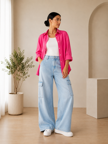 SUMMER TRIO PACK (SHOCKING PINK BUTTON DOWN SHIRT WITH WHITE INNER AND ICE BLUE CARGO DENIM)