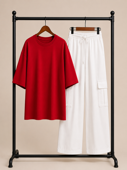 DUO PACK ( RED BAGGY TEE  WITH WHITE CARGO WIDE LEG JEANS )