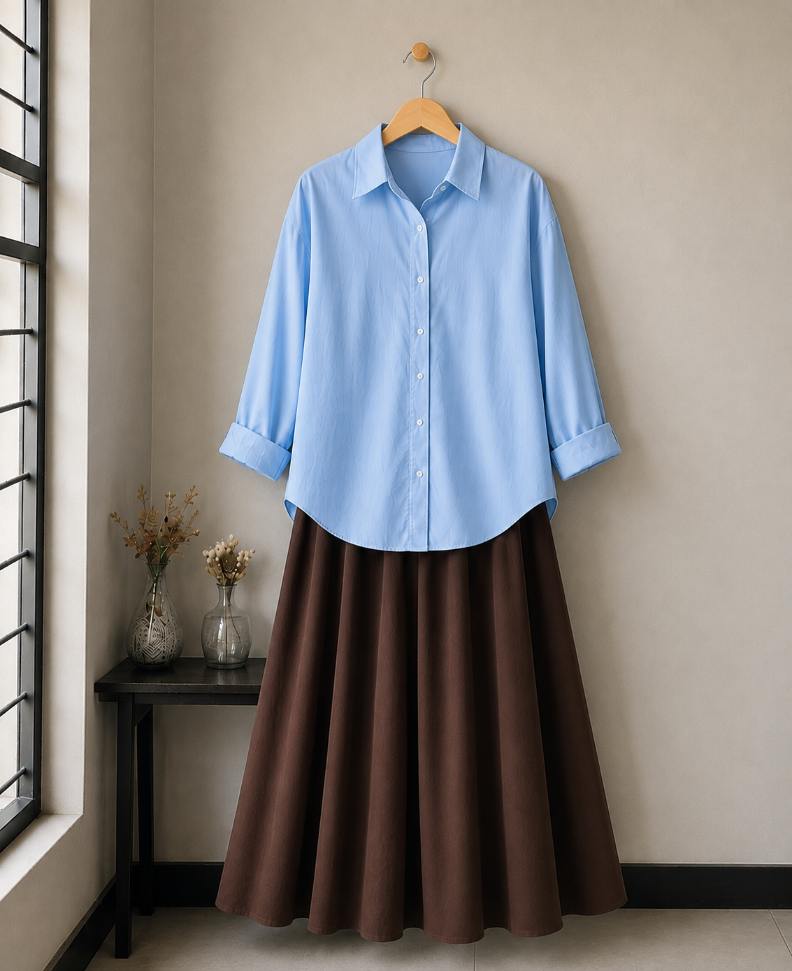 PACK OF 2 ( SKY BLUE BUTTON DOWN SHIRT WITH DARK BROWN MAXI SKIRT )