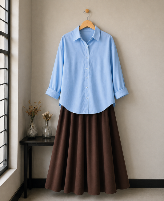 PACK OF 2 ( SKY BLUE BUTTON DOWN SHIRT WITH DARK BROWN MAXI SKIRT )