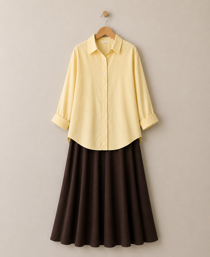 PACK OF 2 ( BUTTER YELLOW BUTTON DOWN SHIRT WITH DARK BROWN MAXI SKIRT )