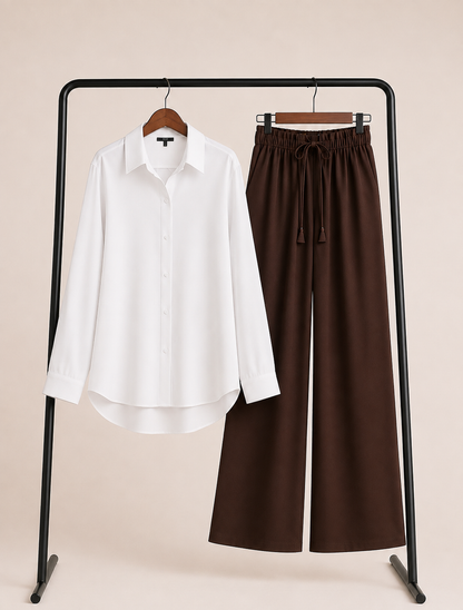 DUO PACK (WHITE BUTTON DOWN SHIRT WITH DARK BROWN FLAPPER TROUSER )