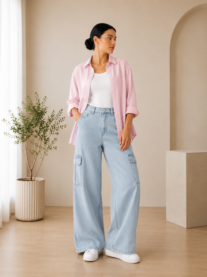 SUMMER TRIO PACK ( BABY PINK BUTTON DOWN SHIRT WITH WHITE INNER AND SKY BLUE CARGO DENIM)