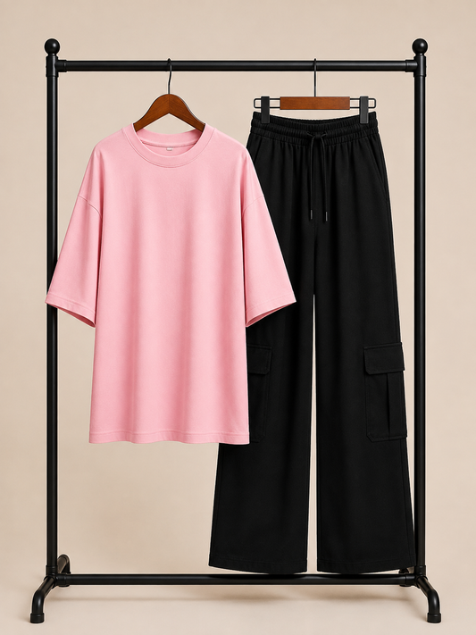 DUO PACK ( BABY PINK BAGGY TEE WITH BLACK CARGO WIDE LEG JEANS )