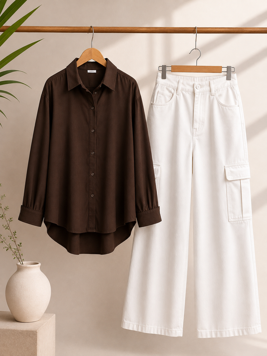 DUO PACK ( DARK BROWN BUTTON DOWN SHIRT WITH WHITE WIDE LEG CARGO DENIM )