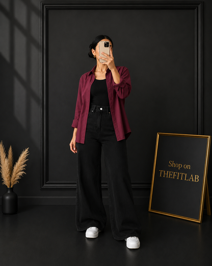(TRIO PACK) MAROON BUTTON DOWN SHIRT WITH BLACK INNER AND JET BLACK WIDE LEG JEANS