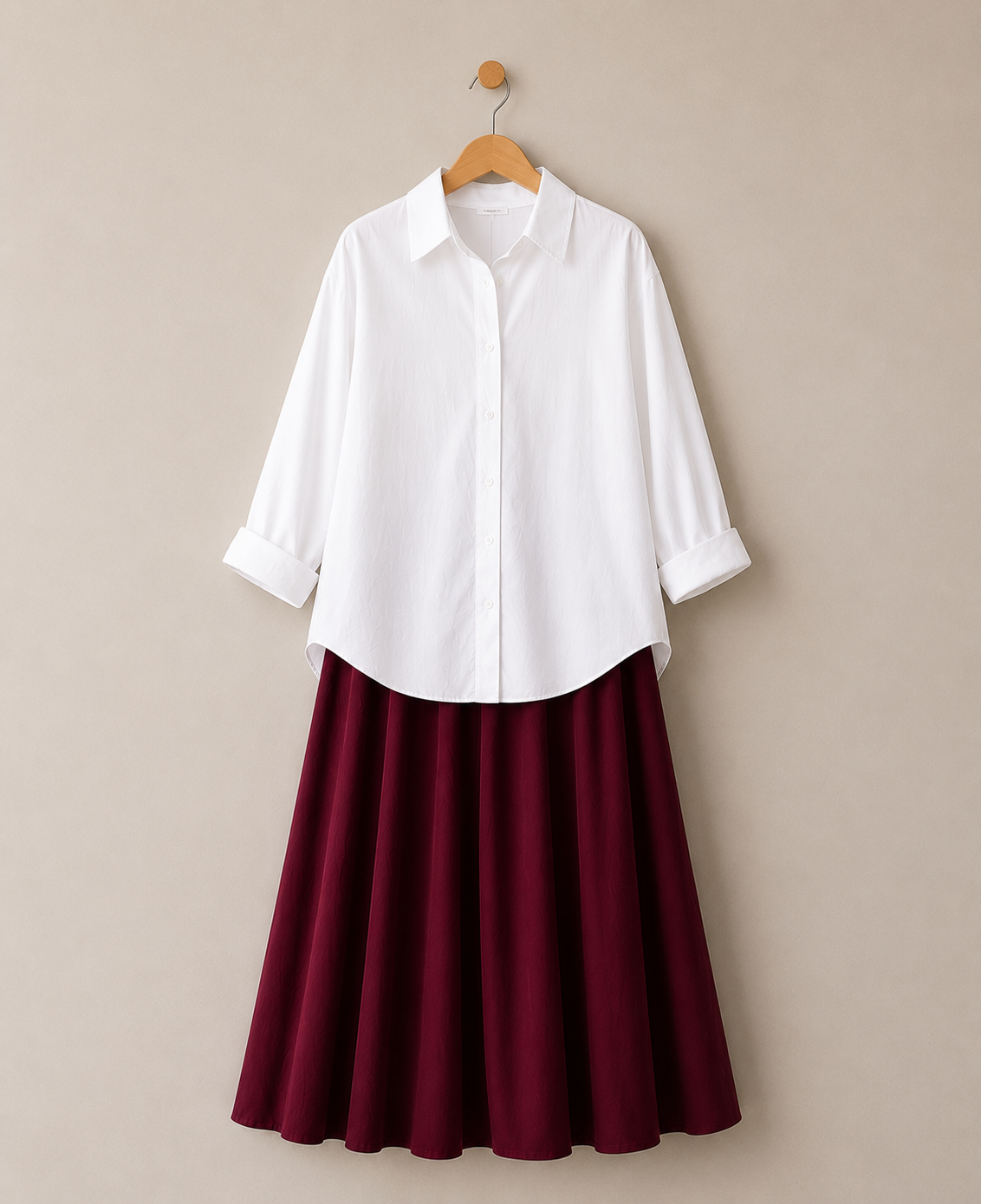 PACK OF 2  ( WHITE BUTTON DOWN SHIRT WITH MAROON MAXI SKIRT )